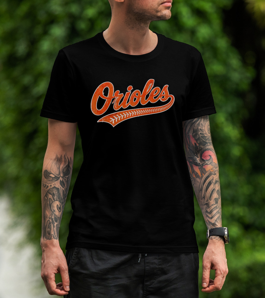 Baltimore Orioles Vintage Text With Baseball Stitching T-Shirt