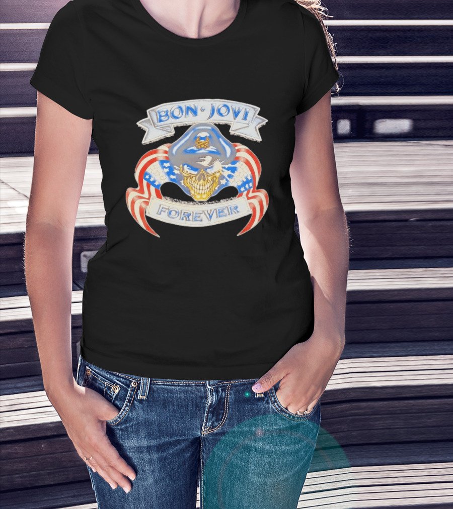 Bon Jovi Forever Skull With American Flag Banners And Blue Cap T-Shirt