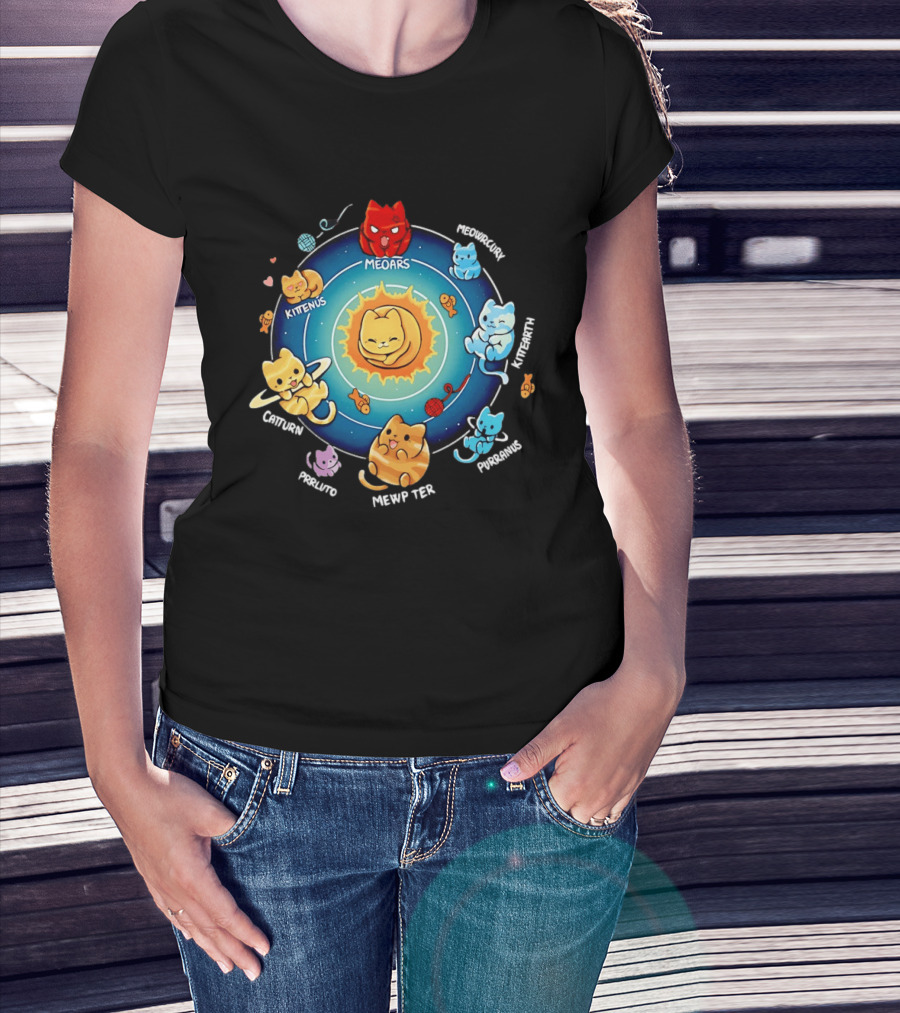 Cat Solar System Pun With Meowars And Planets Names Like Kittenus And Purrurns T-Shirt