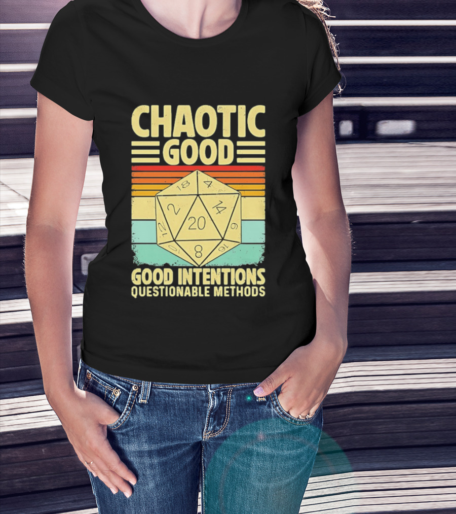 Chaotic Good D20 Good Intentions Questionable Methods Stripes T-Shirt