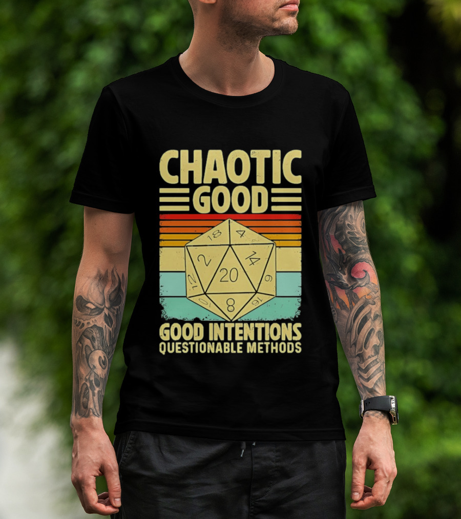 Chaotic Good D20 Good Intentions Questionable Methods Stripes T-Shirt