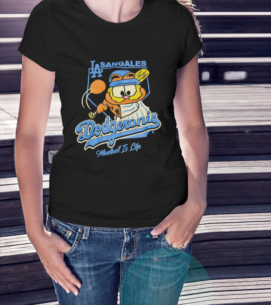 La Sangales Dodgeronis Meatball Is Life Los Angeles Dodgers Orange Cat Baseball T-Shirt