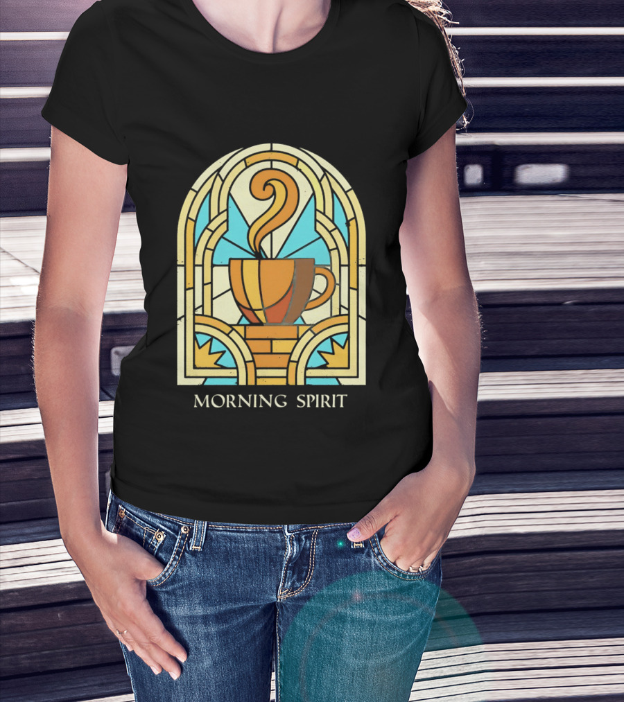 Morning Spirit Coffee Cup Stained Glass Art Deco T-Shirt