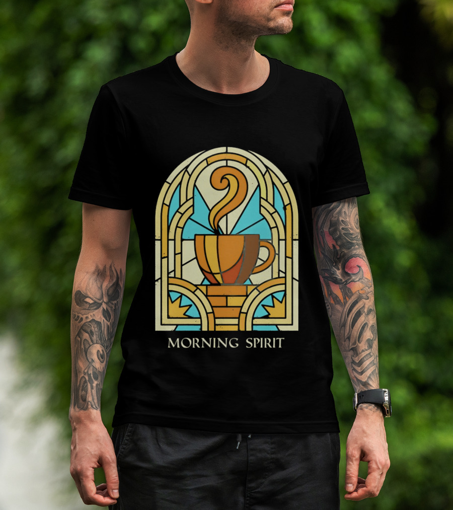 Morning Spirit Coffee Cup Stained Glass Art Deco T-Shirt