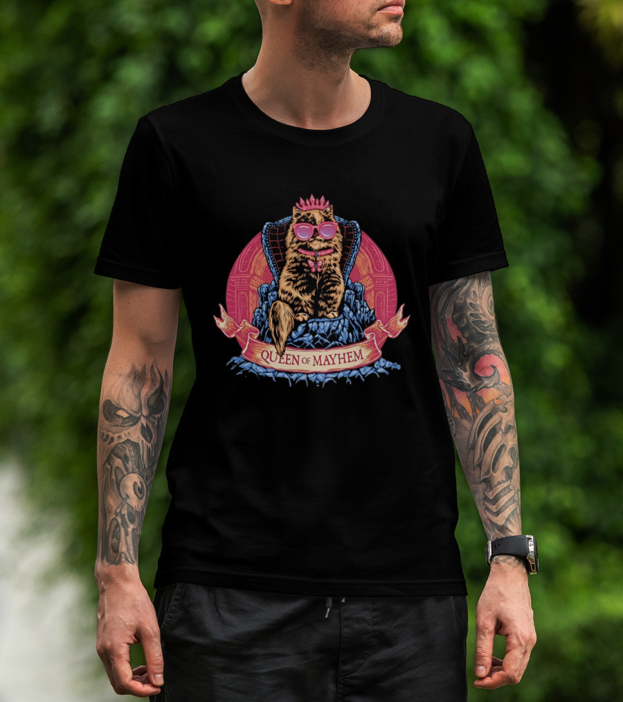 Queen Of Mayhem Cat With Pink Crown And Glasses On Throne T-Shirt