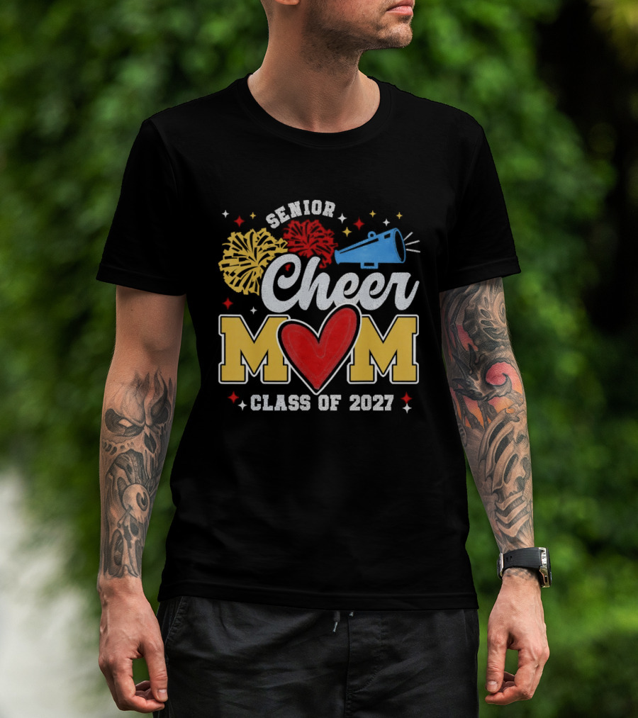 Senior Cheer Mom Megaphone Heart Pom Poms Class Of 2027 T-Shirt
