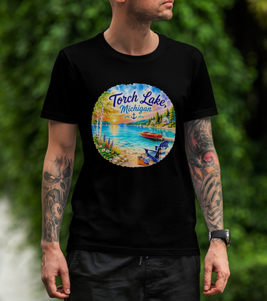 Torch Lake Michigan Sunset Scenic Lakeside Anchor T-Shirt