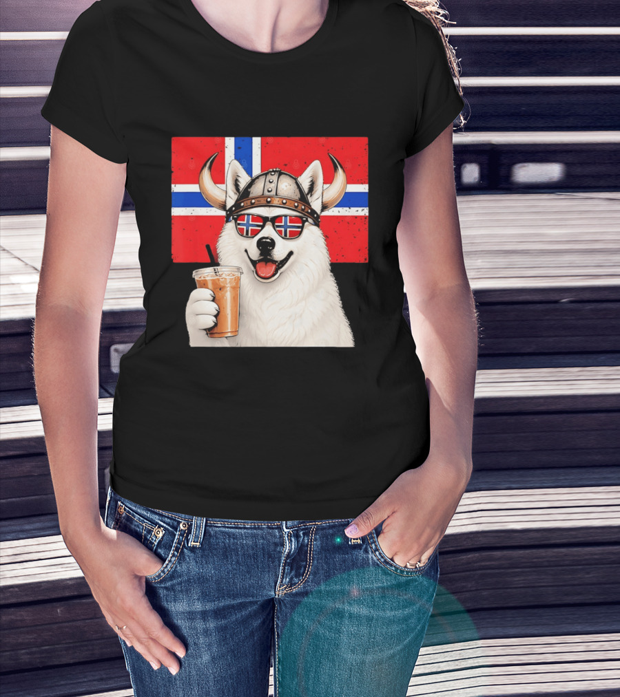 Viking Husky With Norwegian Flag Glasses And Iced Coffee T-Shirt