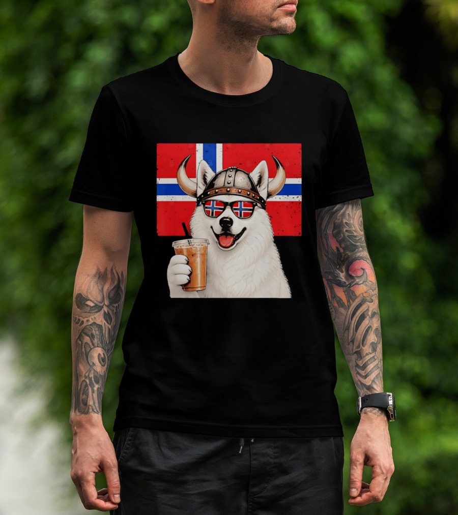 Viking Husky With Norwegian Flag Glasses And Iced Coffee T-Shirt
