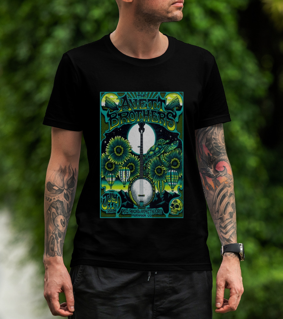 The Avett Brothers Red Rocks Amphitheatre July 11 2026 Morrison CO Banjo Sunflowers Hot Air Balloons Turtles Skulls T-Shirt