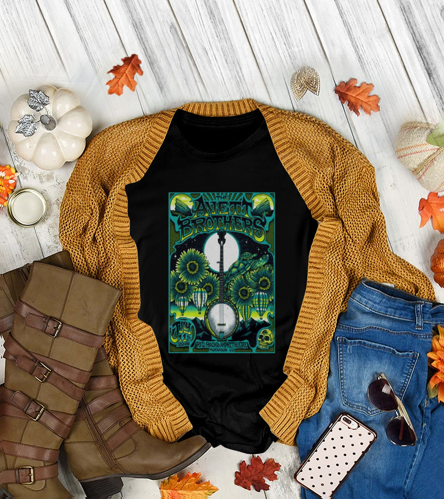 The Avett Brothers Red Rocks Amphitheatre July 11 2026 Morrison CO Banjo Sunflowers Hot Air Balloons Turtles Skulls T-Shirt