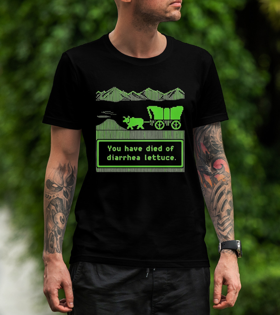 You Have Died Of Diarrhea Lettuce Oregon Trail Wagon Pixelated Retro Text Green T-Shirt