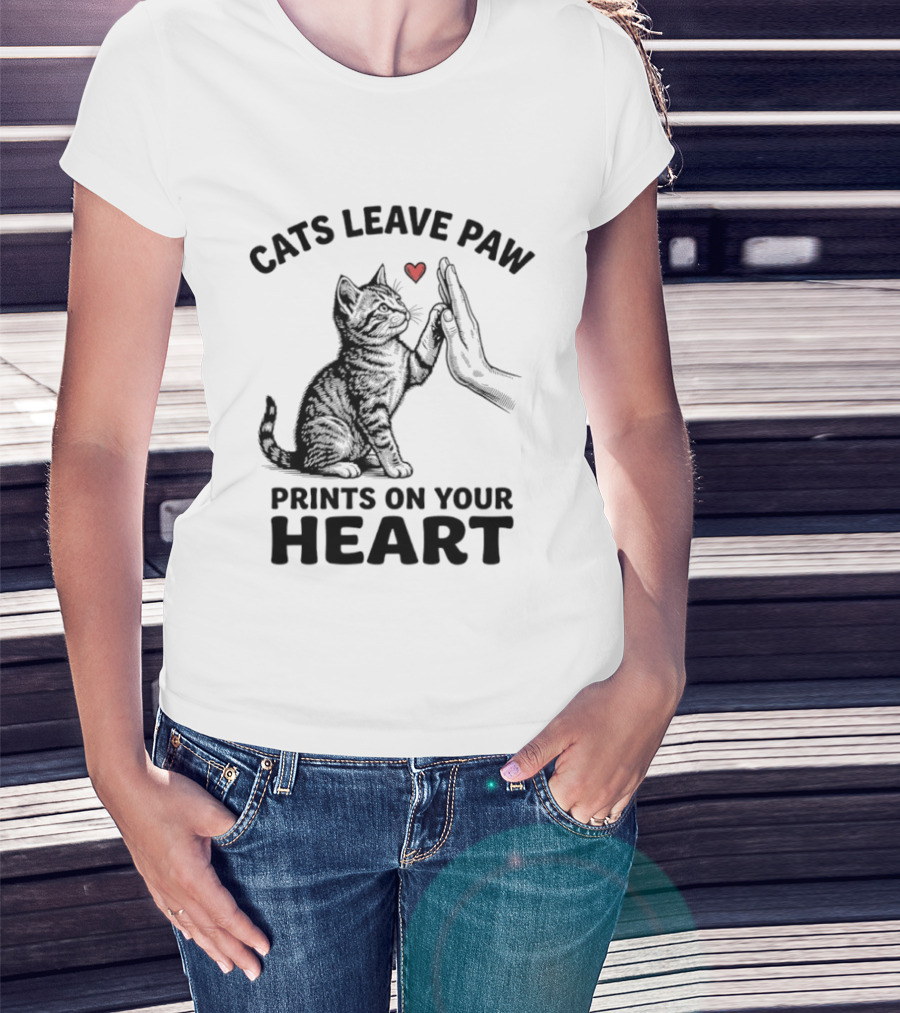 Cats Leave Paw Prints On Your Heart With Hand And Paw High Five T-Shirt
