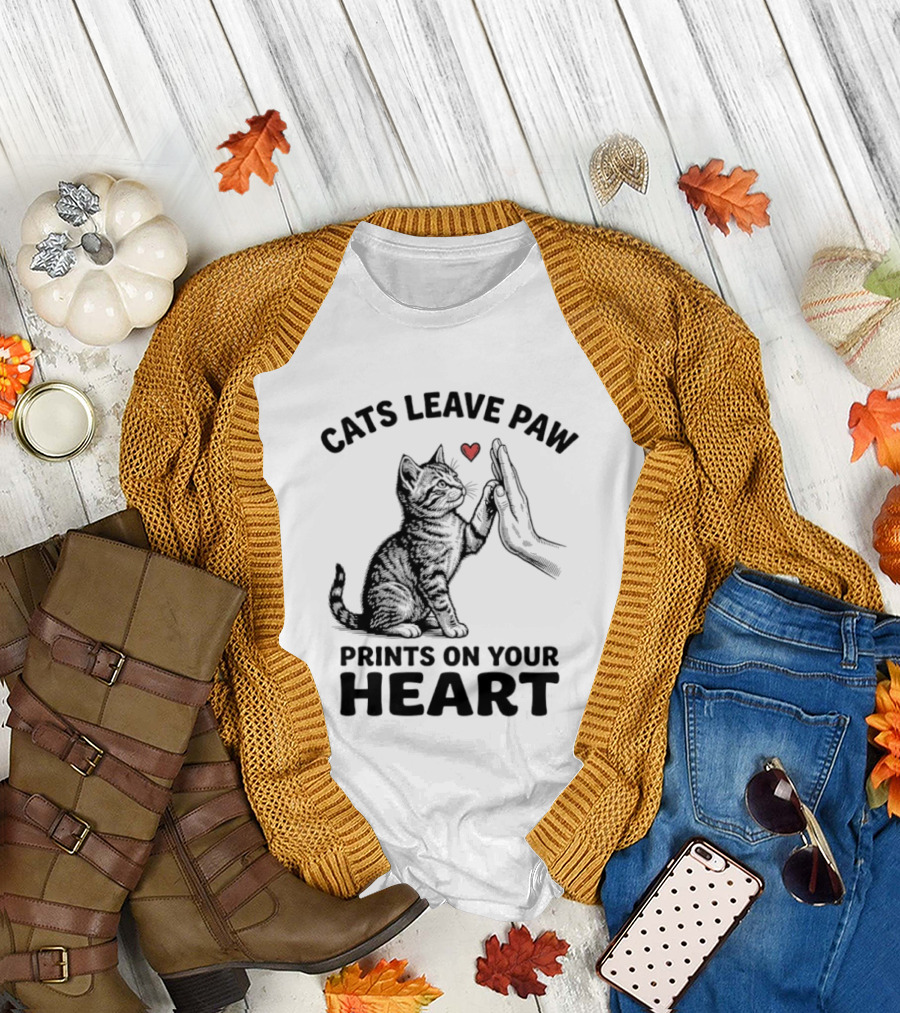 Cats Leave Paw Prints On Your Heart With Hand And Paw High Five T-Shirt