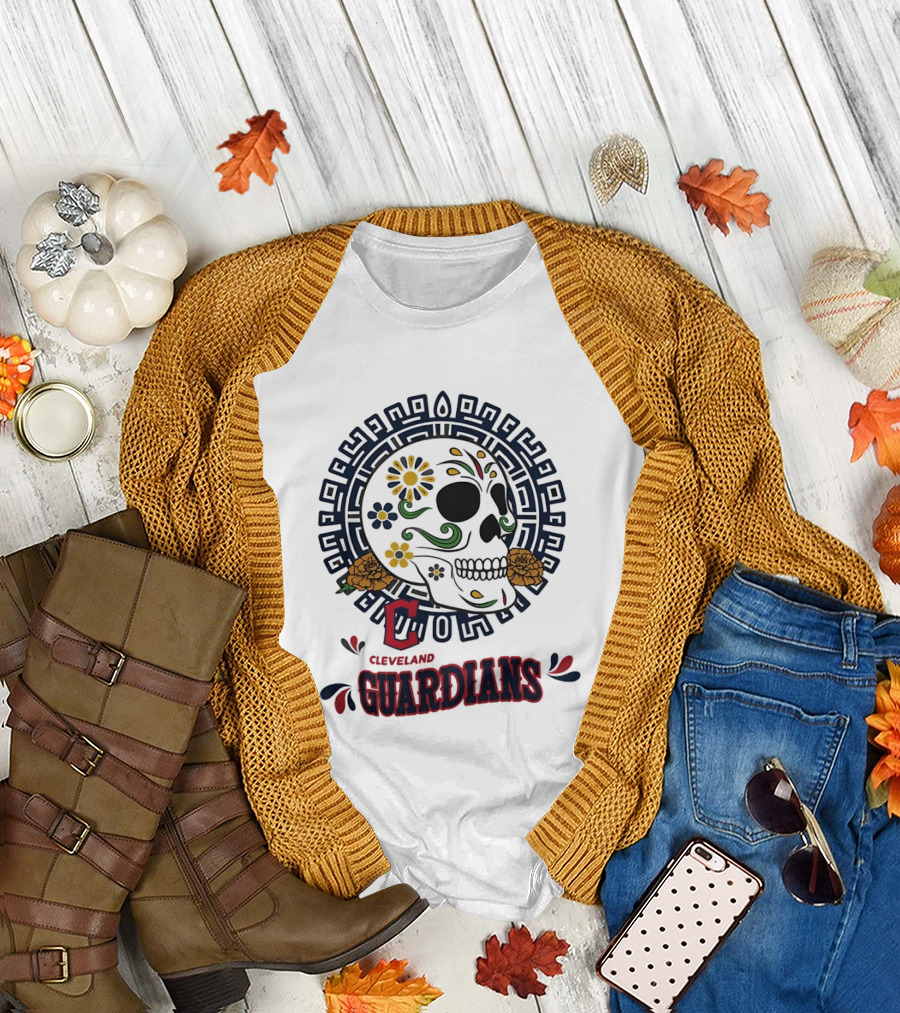 Cleveland Guardians Sugar Skull Day Of The Dead Floral Motif T-Shirt