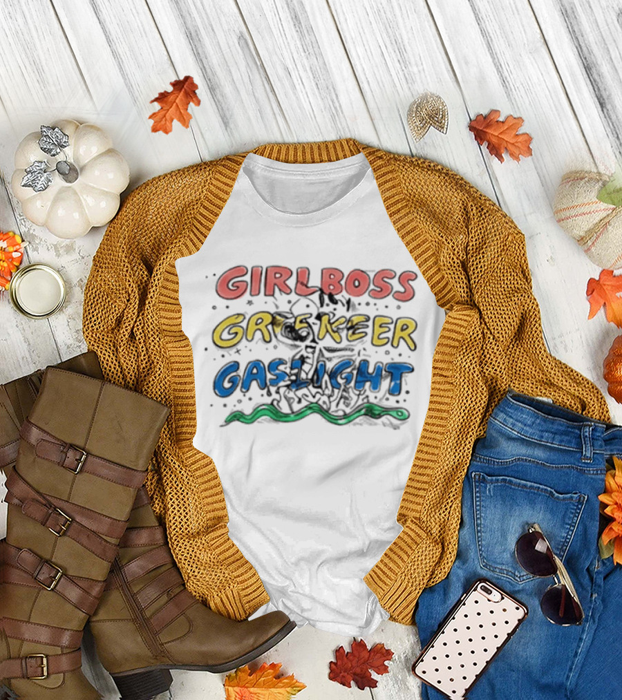 Girlboss Gatekeep Gaslight Meme with Colorful Text and Snake Motif T-Shirt