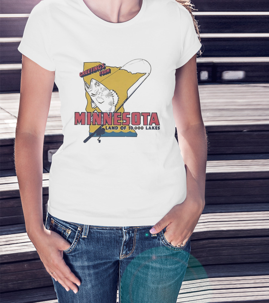 Greetings From Minnesota Land Of 10000 Lakes Fishing Map T-Shirt