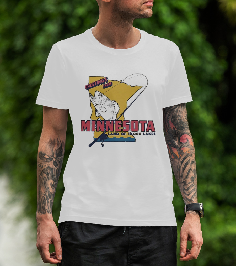 Greetings From Minnesota Land Of 10000 Lakes Fishing Map T-Shirt