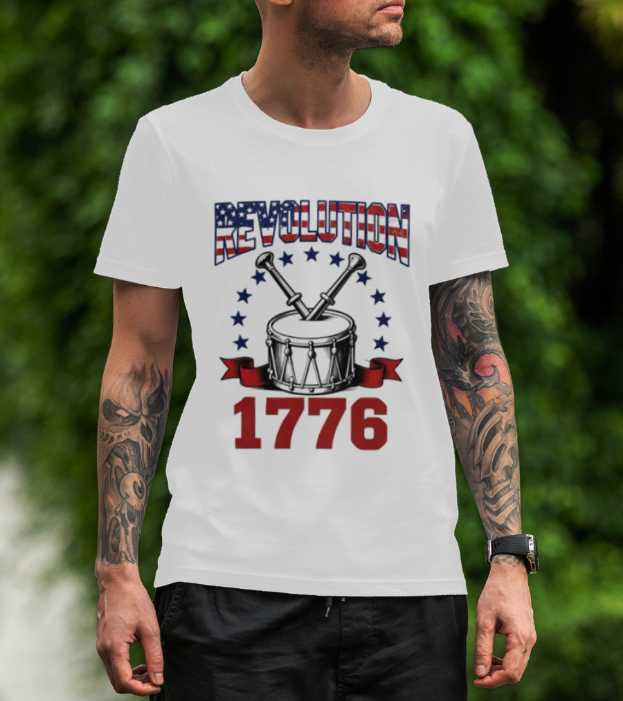 Revolution 1776 American Independence Drum With Stars And Crossed Drumsticks T-Shirt