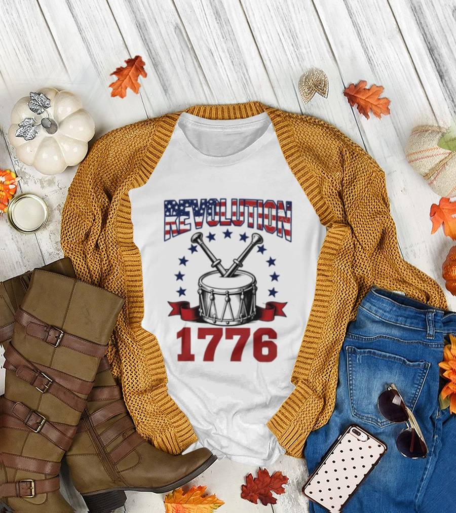 Revolution 1776 American Independence Drum With Stars And Crossed Drumsticks T-Shirt