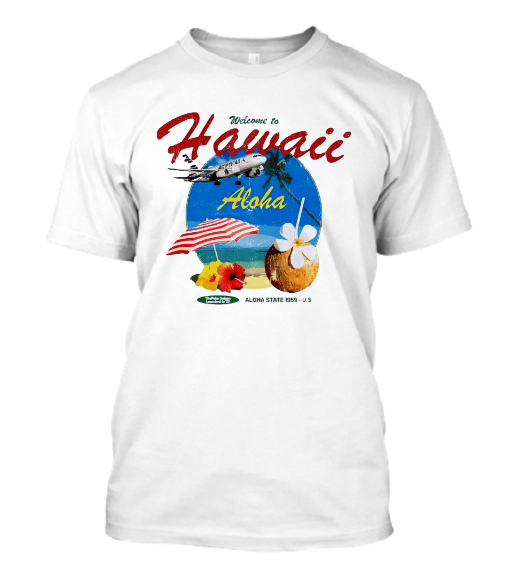Welcome To Hawaii Aloha American Airplane Palm Trees Tropical Drink Beach Scene T-Shirt