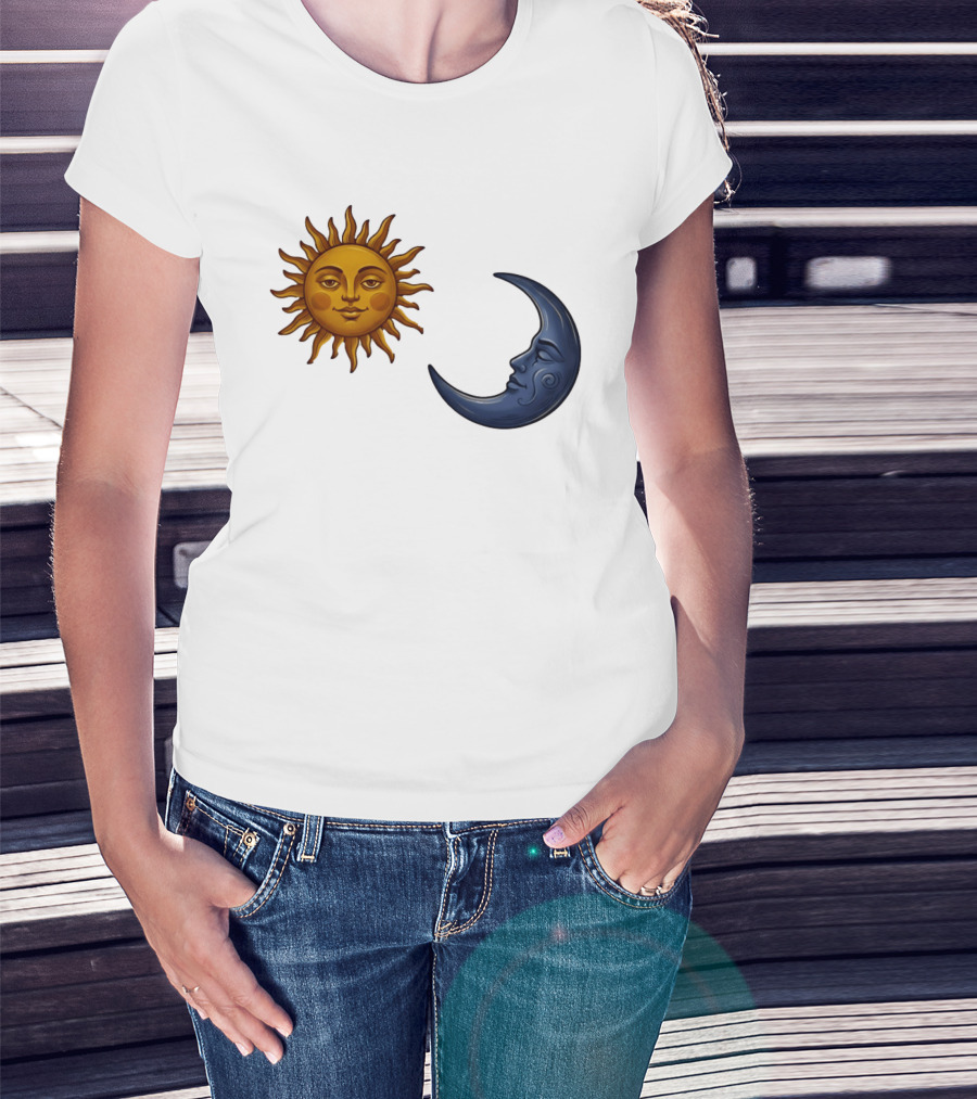 Sun Face And Crescent Moon Celestial Pair Harmony T-Shirt