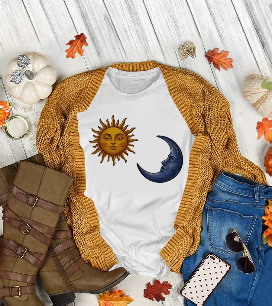Sun Face and Crescent Moon Celestial Pair Harmony T-Shirt