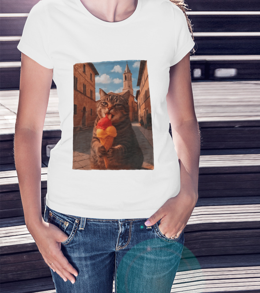 Tabby Cat Eating Ice Cream Cone In Italian Village Street Scene T-Shirt