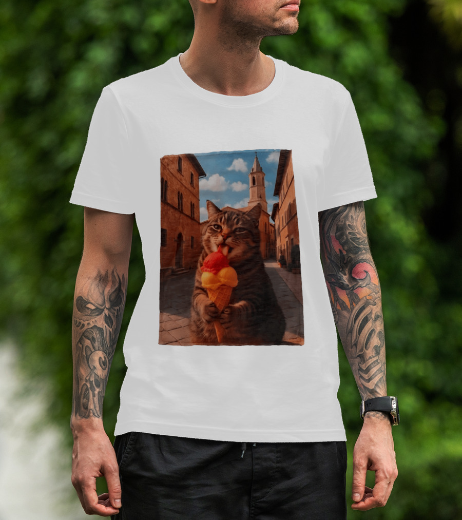Tabby Cat Eating Ice Cream Cone In Italian Village Street Scene T-Shirt