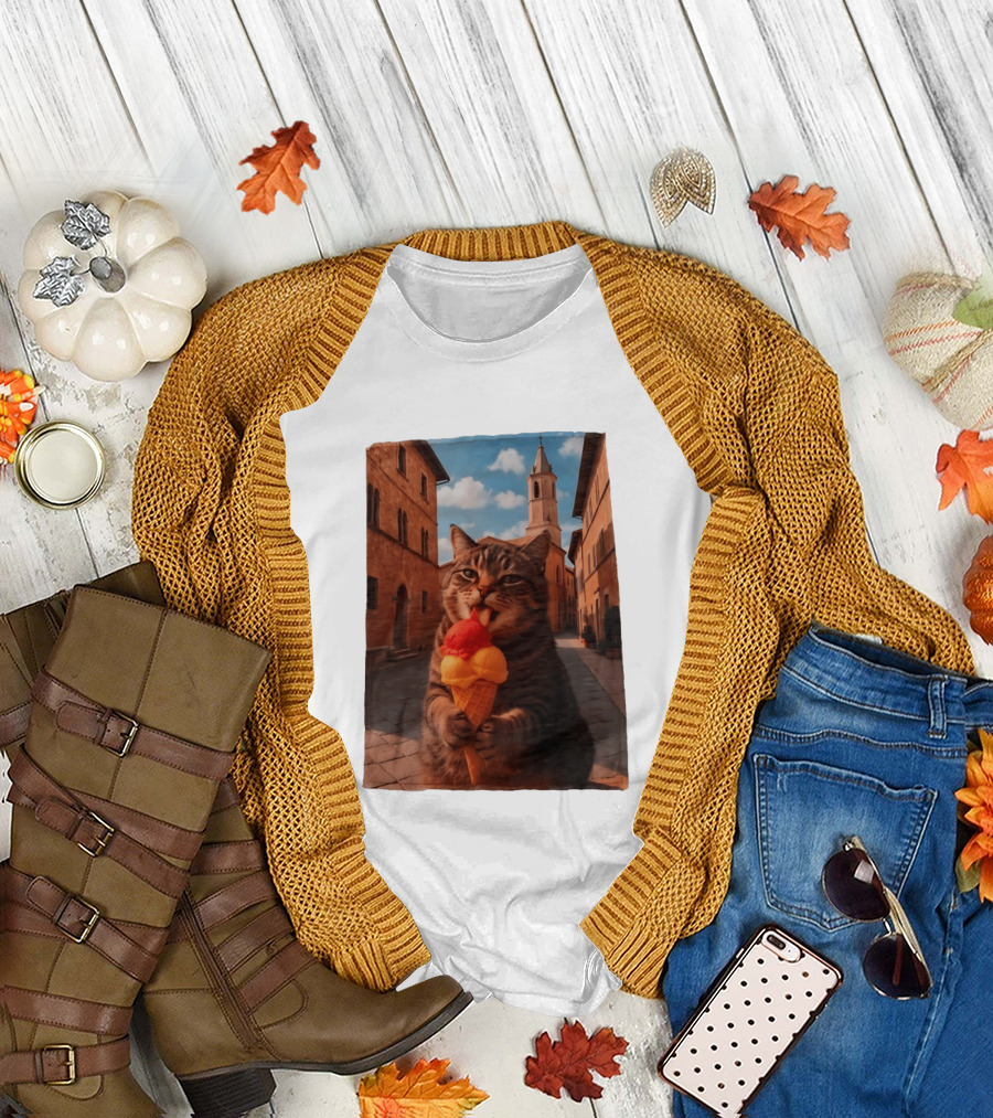 Tabby Cat Eating Ice Cream Cone In Italian Village Street Scene T-Shirt