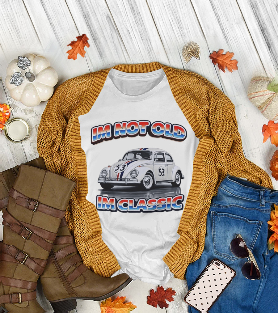 I'm Not Old I'm Classic White VW Beetle Race Car Number 53 Stripes T-Shirt