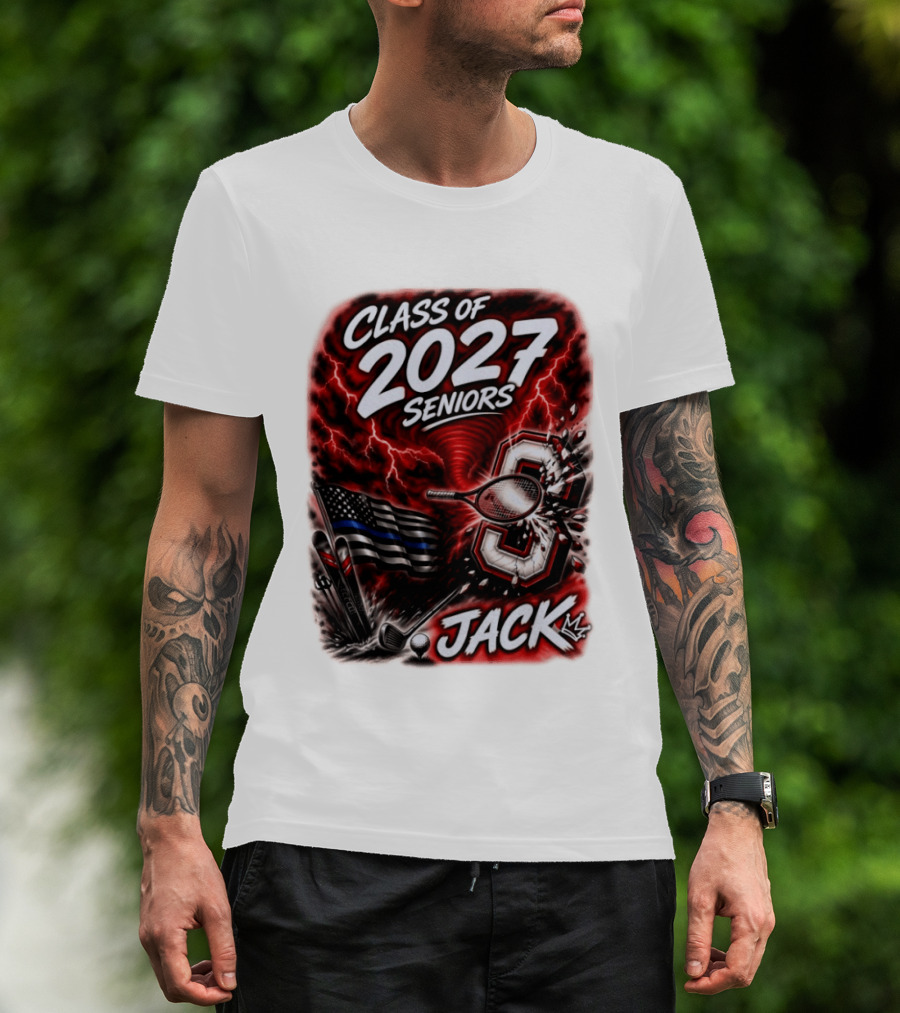 Class Of 2027 Seniors Jack Black Flag Lightning Tennis Football T-Shirt