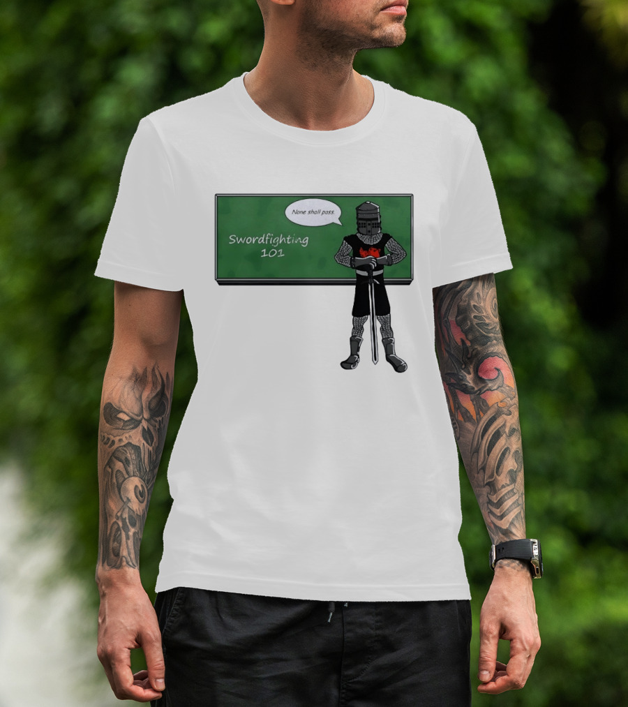 Swordfighting 101 None Shall Pass Black Knight Cartoon T-Shirt