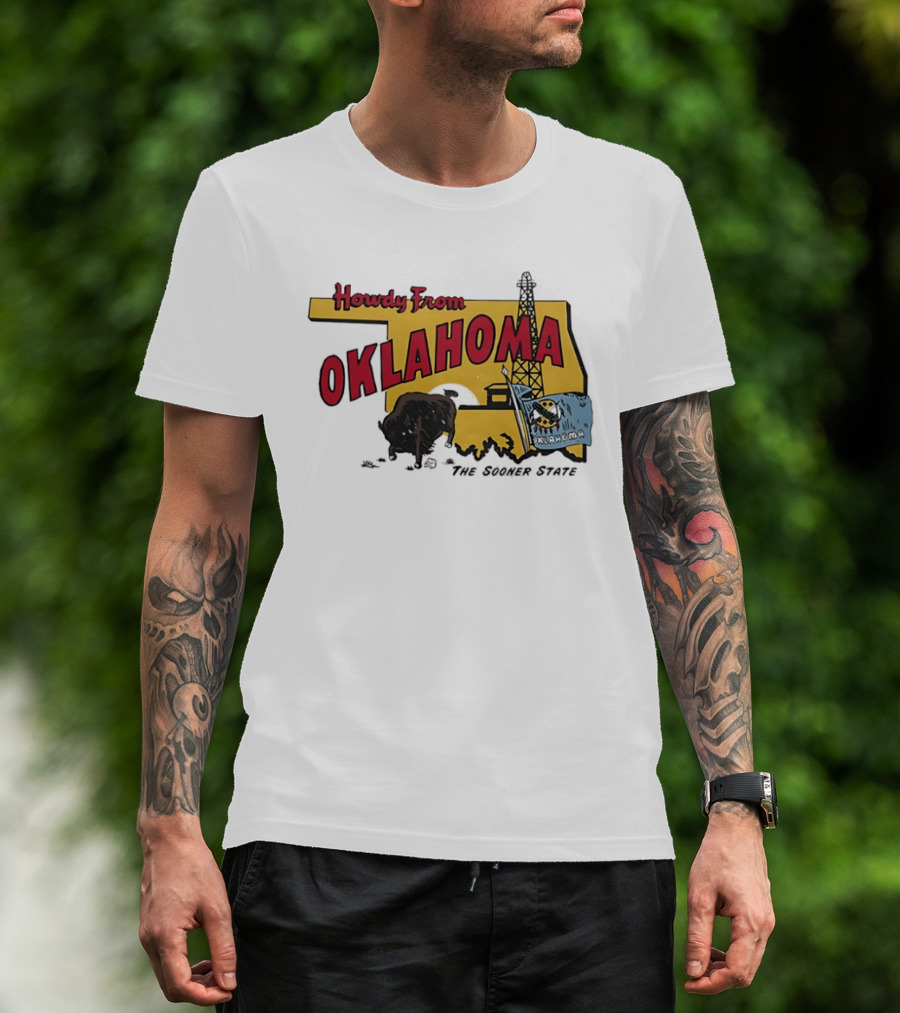 Howdy From Oklahoma The Sooner State Bison With Oil Derrick And Flag T-Shirt