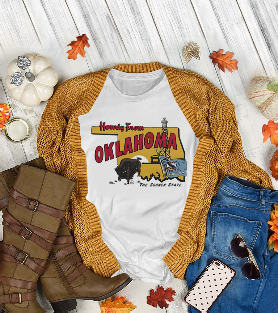 Howdy From Oklahoma The Sooner State Bison With Oil Derrick And Flag T-Shirt