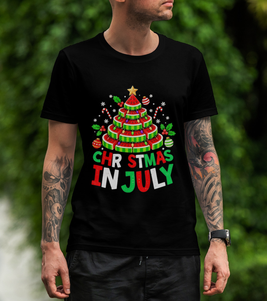 Christmas In July Watermelon Tree With String Lights And Candy Canes T-Shirt