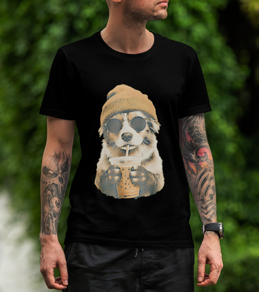 Cozy Dog In Beanie And Sunglasses Enjoying Iced Boba Tea T-Shirt