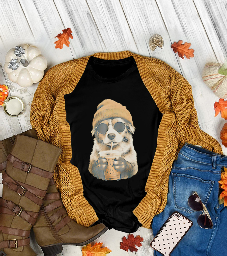 Cozy Dog in Beanie and Sunglasses Enjoying Iced Boba Tea T-Shirt