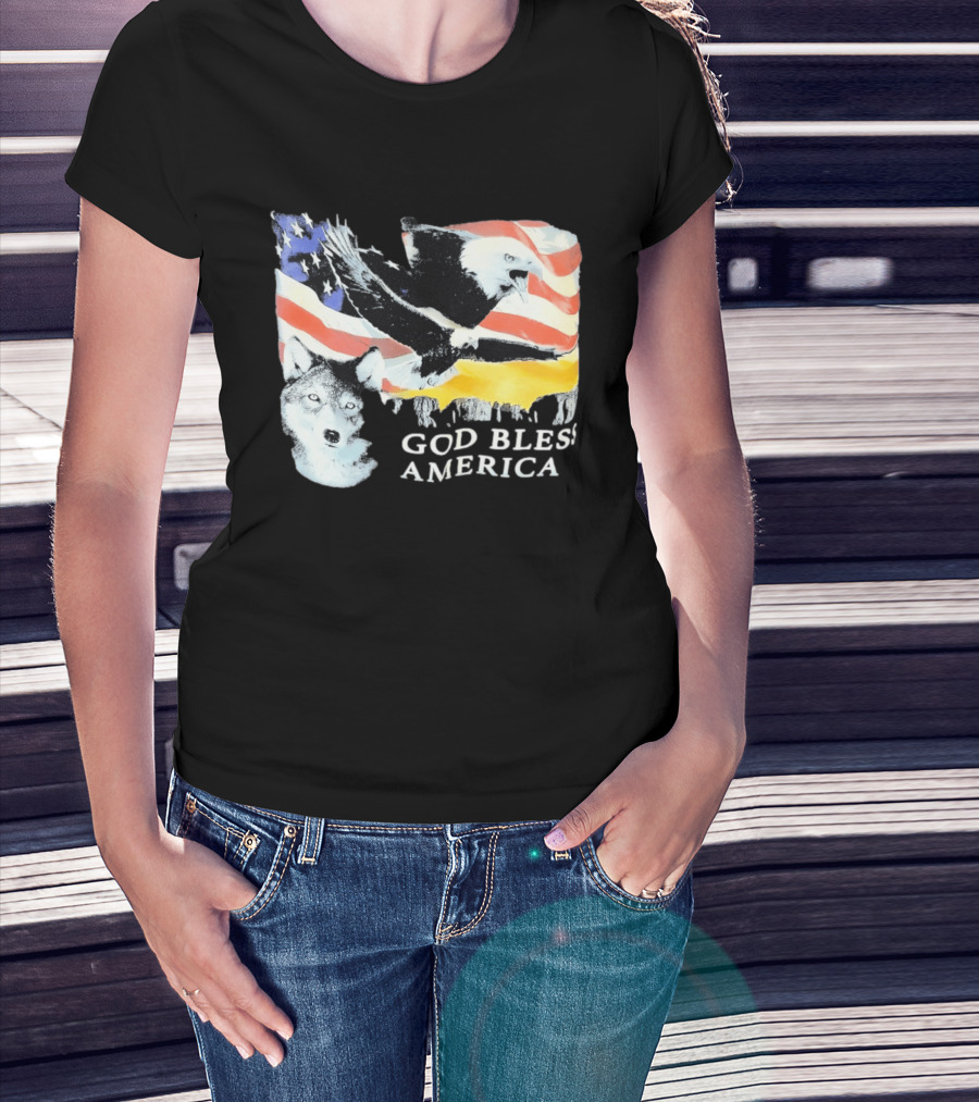 God Bless America Bald Eagle Wolf And American Flag Patriotic T-Shirt