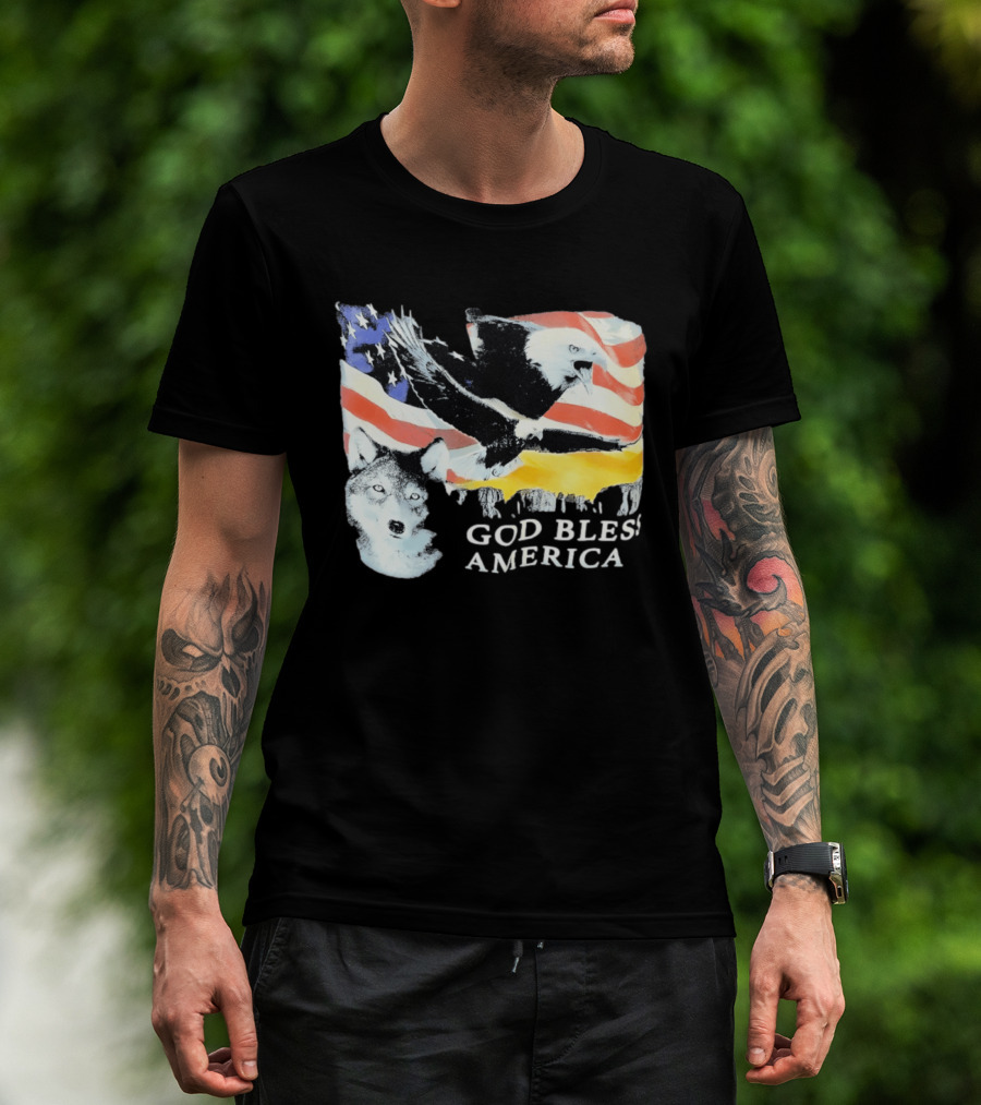 God Bless America Bald Eagle Wolf And American Flag Patriotic T-Shirt
