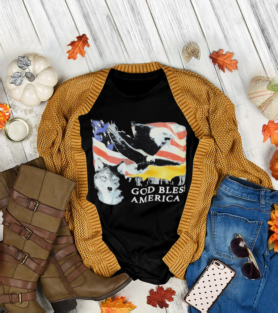 God Bless America Bald Eagle Wolf And American Flag Patriotic T-Shirt