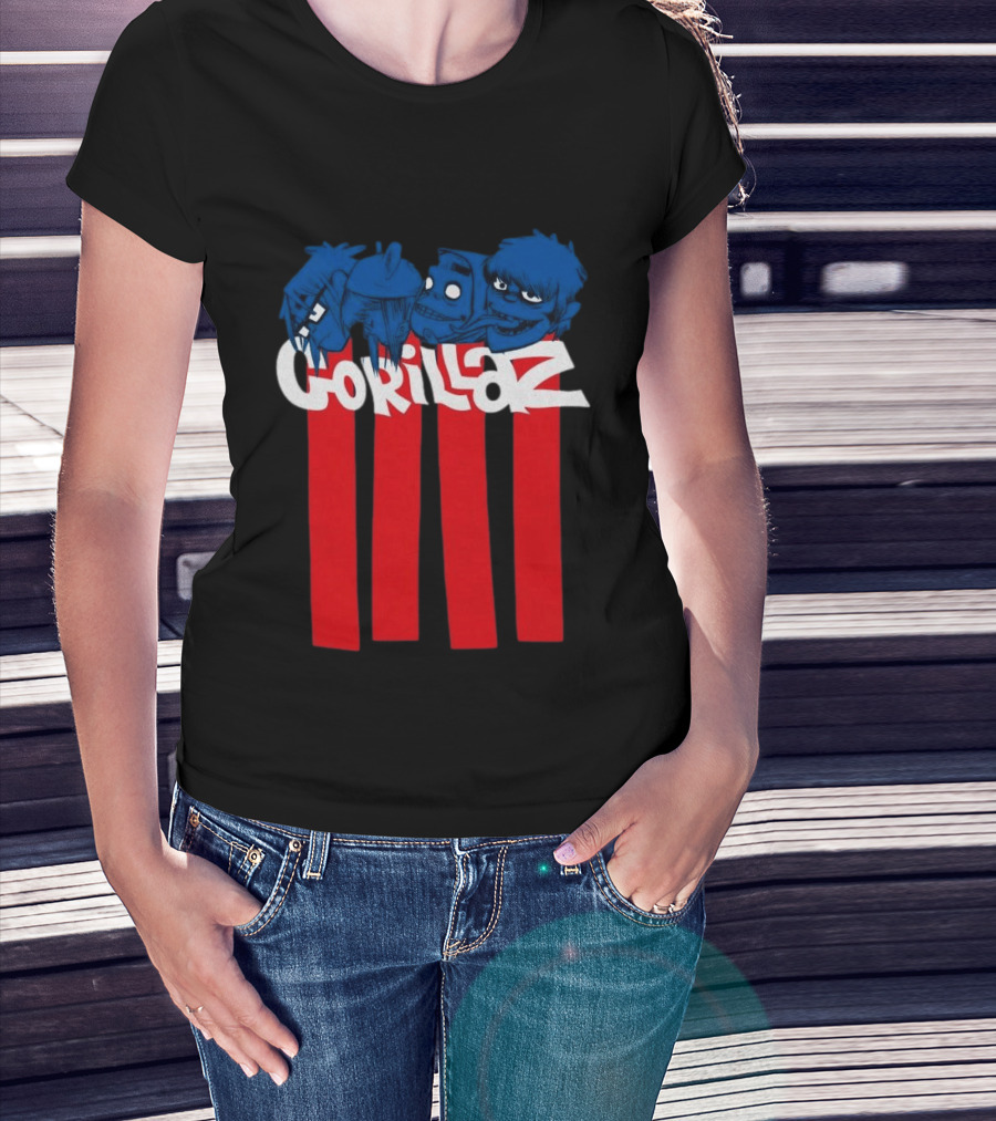 GORILLAZ Pez Heads Characters Red Stripes T-Shirt