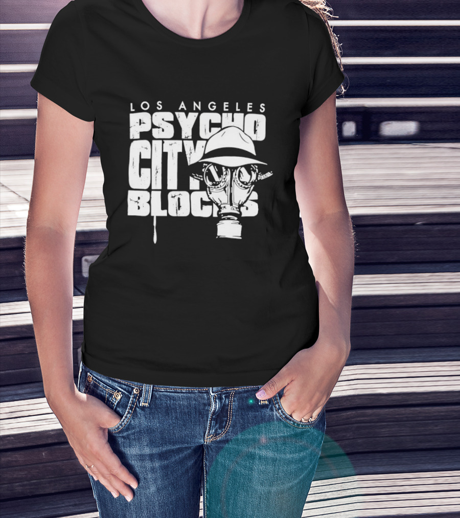 Los Angeles Psycho City Blocks Gas Mask Helmet Bold Lettering T-Shirt