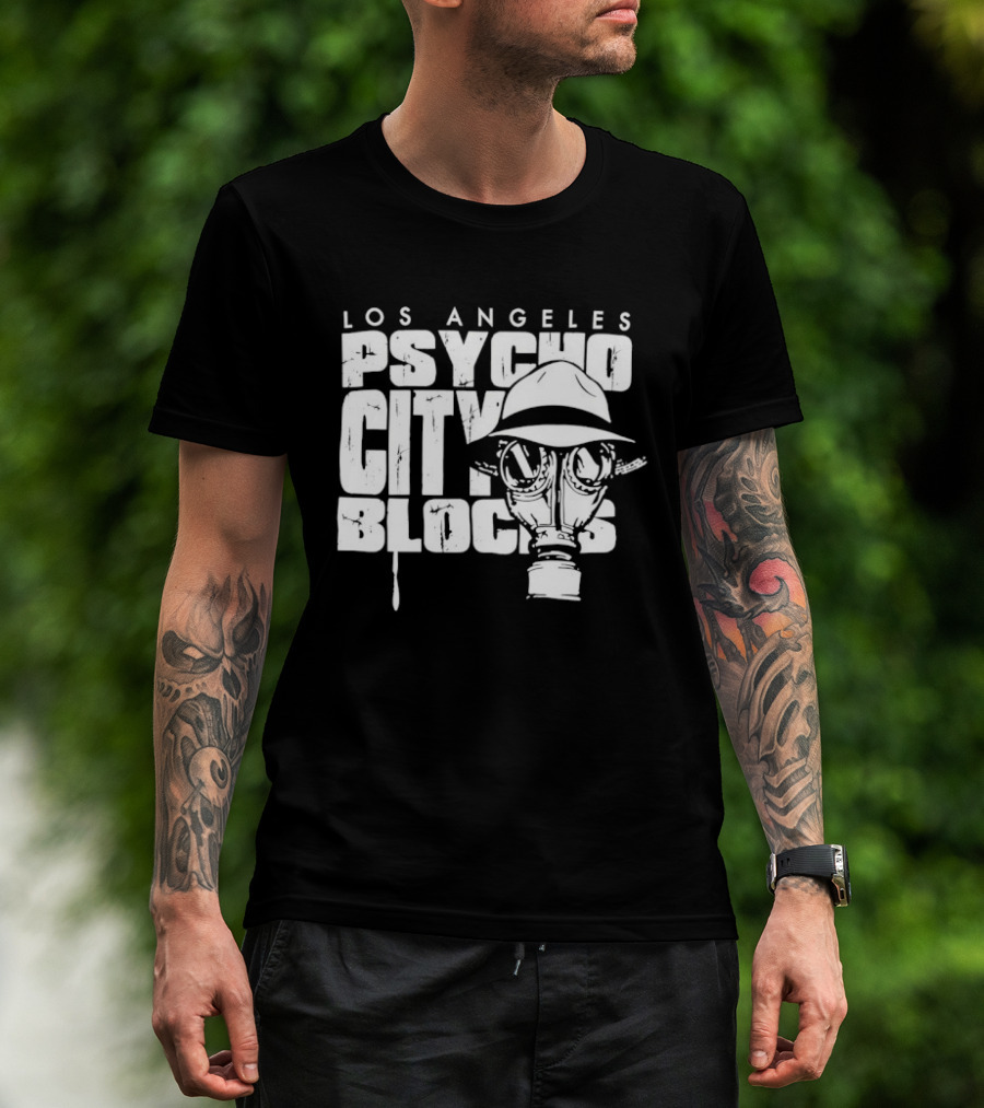 Los Angeles Psycho City Blocks Gas Mask Helmet Bold Lettering T-Shirt