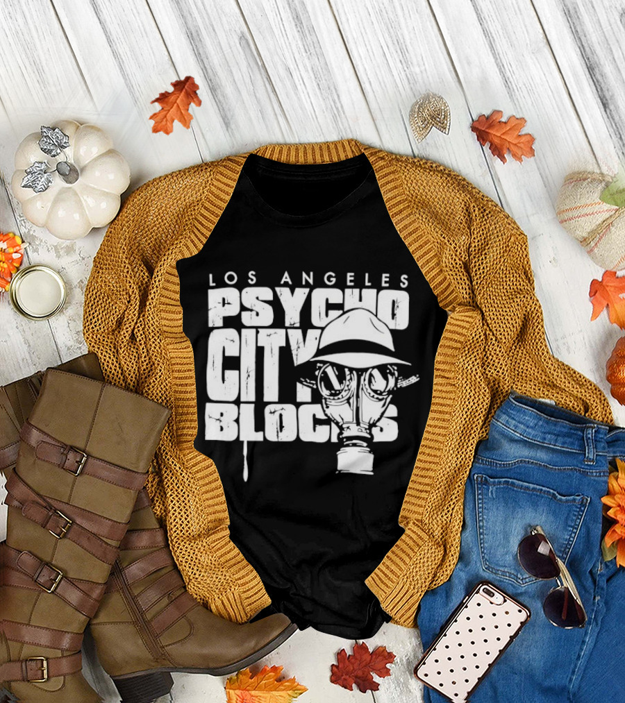 Los Angeles Psycho City Blocks Gas Mask Helmet Bold Lettering T-Shirt