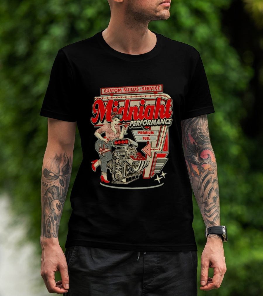 Midnight Performance Custom Builds Service Premium Fuel Retro Pin Up T-Shirt