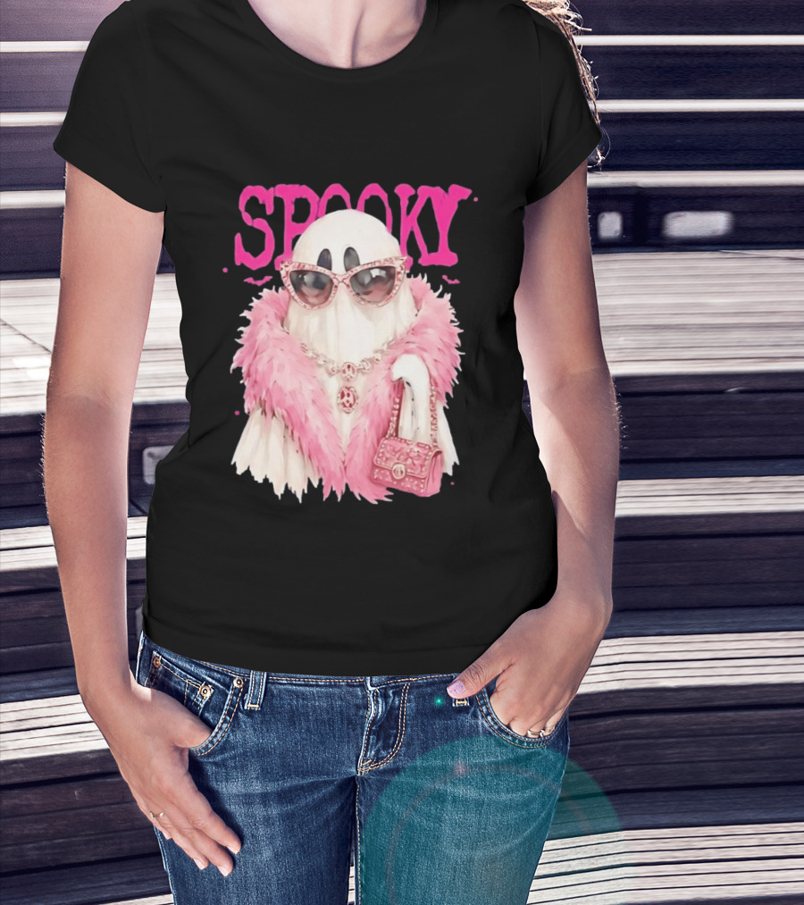 Spooky Glamorous Ghost With Pink Fur And Sunglasses T-Shirt