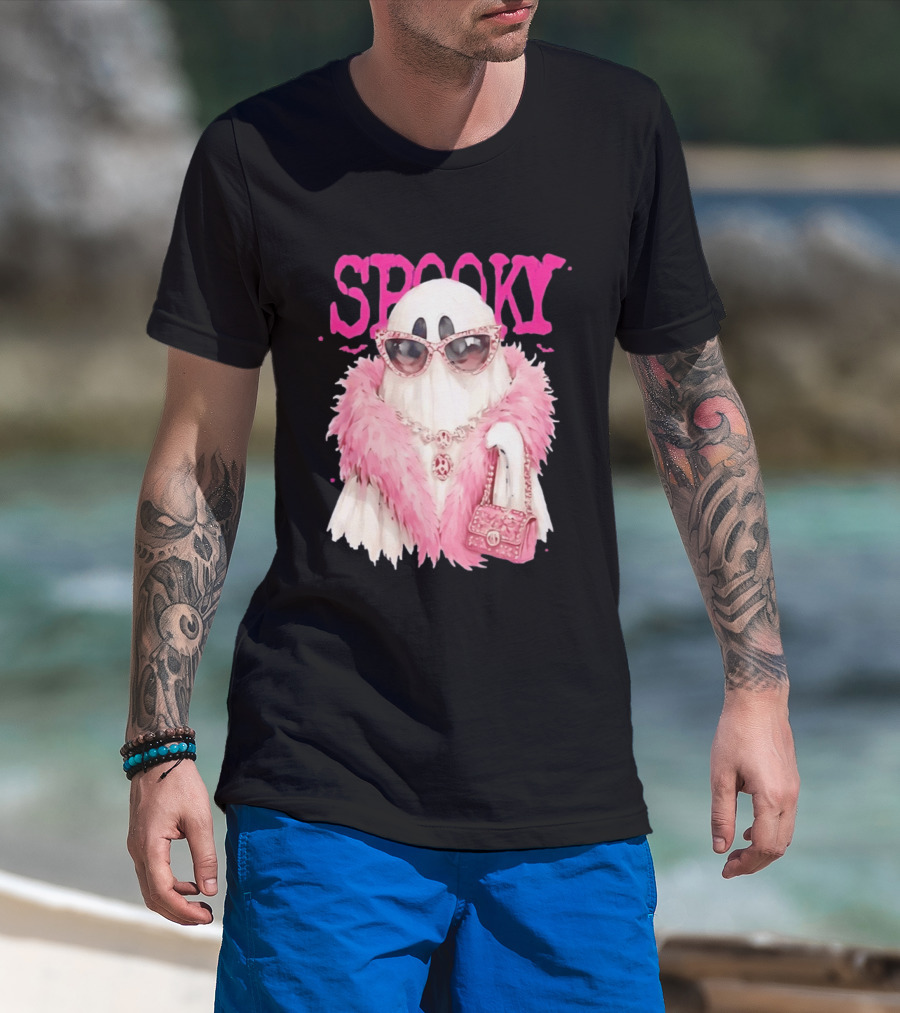 Spooky Glamorous Ghost With Pink Fur And Sunglasses T-Shirt