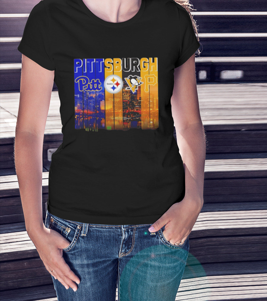 Pittsburgh Pitt Steelers Penguins Pirates City Skyline T-Shirt