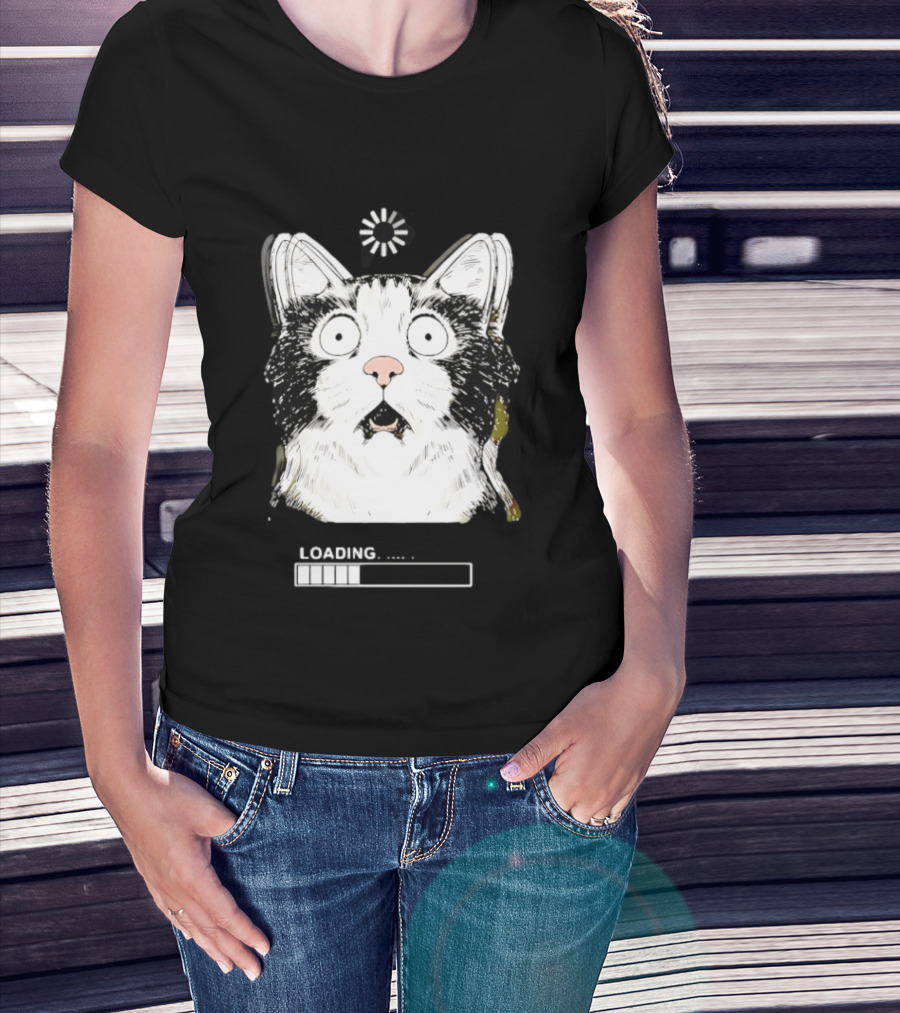 Startled Tuxedo Cat Staring Wide Eyed Beside Loading Progress Bar Meme T-Shirt